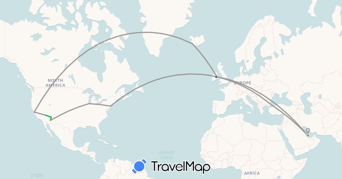 TravelMap itinerary: driving, bus, plane in Ireland, Iceland, Qatar, Turkey, United States (Asia, Europe, North America)